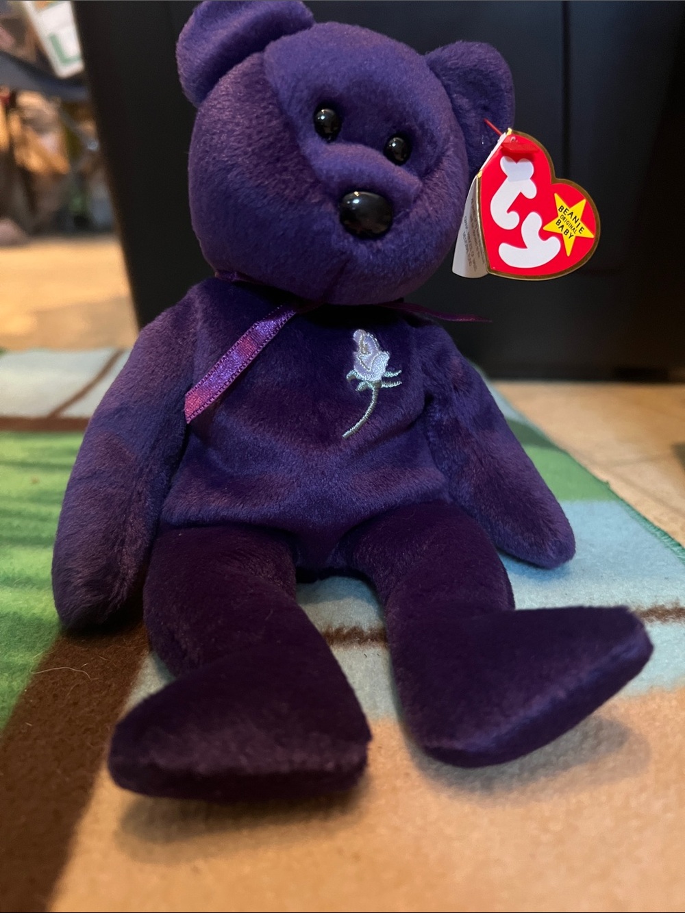 Princess Ty Purple Beanie Baby Bear with White Rose for Princess Dianna